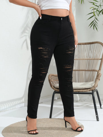 Woochic Pantalon grande taille mi-haut skinny déchiré denim stretch